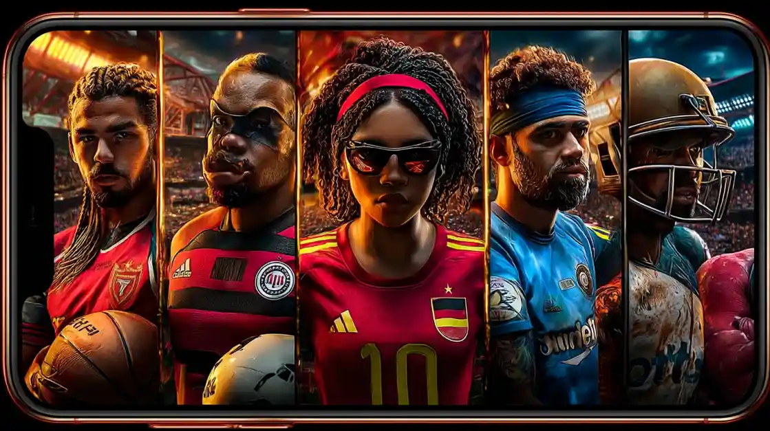 A smartphone screen displays a powerful collage of diverse male and female athletes from various sports, including football and soccer, representing the comprehensive sports betting options at bd3333.