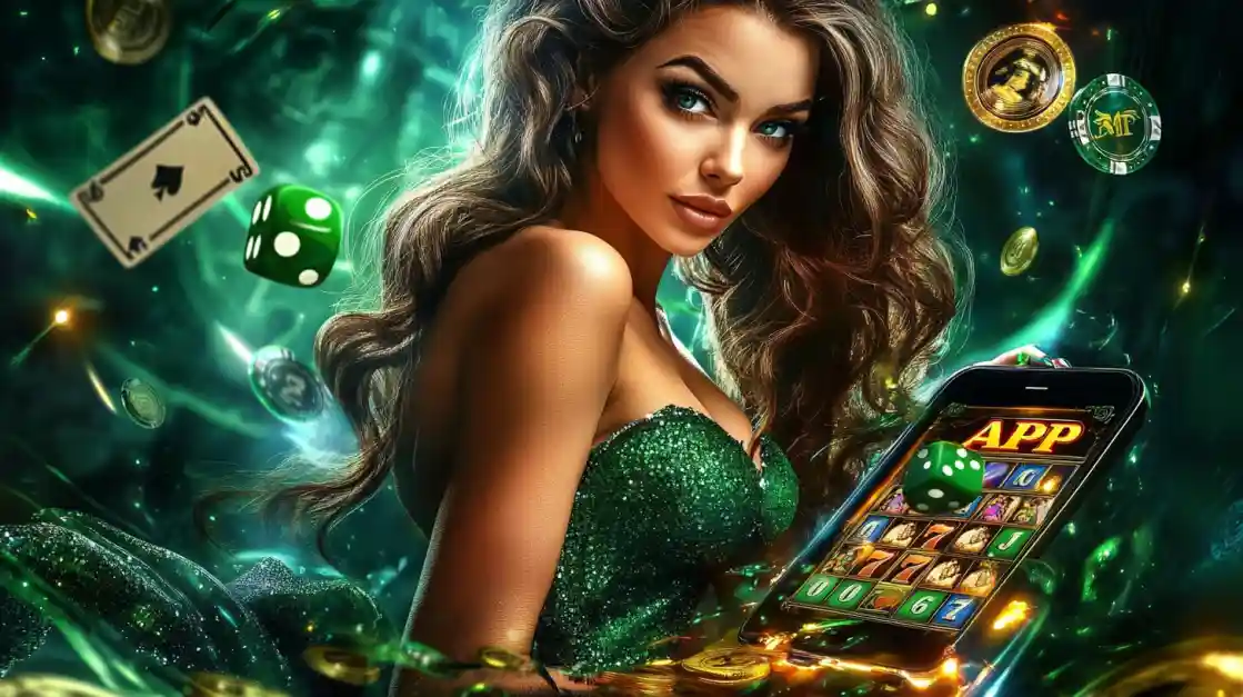 An enchanting woman with flowing hair, adorned in green, gazes captivatingly, surrounded by floating cards, dice, and coins, alongside a smartphone featuring the bd3333 gaming app.