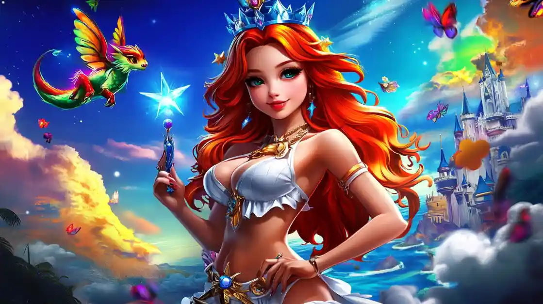 A vibrant fantasy scene featuring a beautiful princess with fiery red hair and a crown, holding a magic wand, with a small winged dragon and a fairytale castle in the background, embodying the magical world of bd3333.