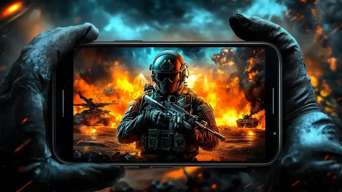 Hands holding a smartphone displaying an intense military shooter game with a soldier amidst explosions and tanks, showcasing the immersive action available on bd3333.