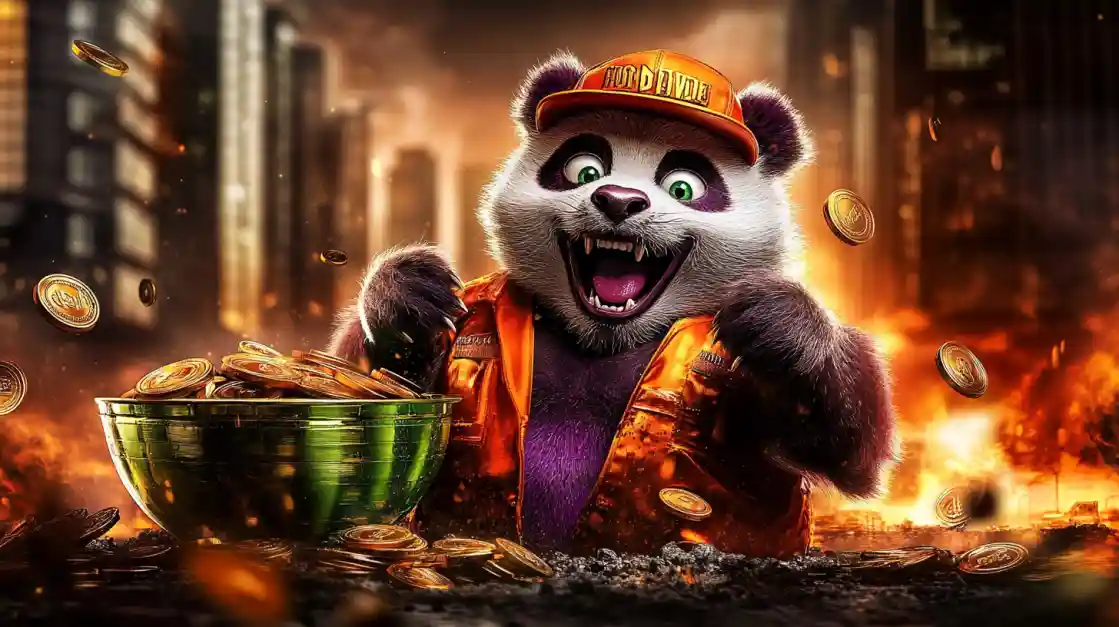 A cheerful panda character wearing an orange cap and jacket, surrounded by golden coins and a bowl of money, symbolizing wealth and good fortune with bd3333.