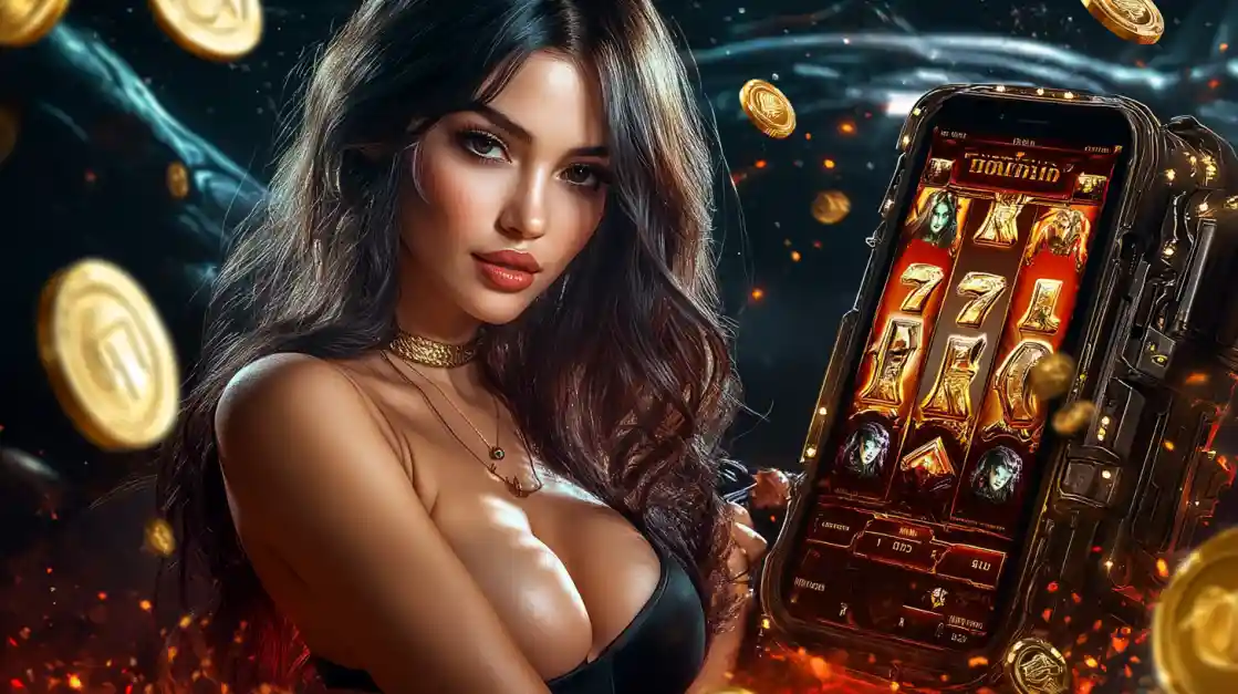 A beautiful woman in a black top looks confidently at the viewer while holding a smartphone displaying a bd3333 mobile slot game with 777 symbols and golden coins.