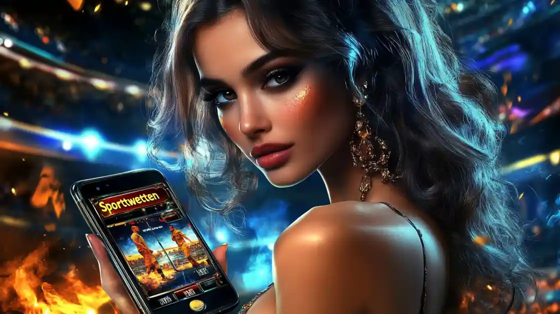 A glamorous woman with elegant makeup looks over her shoulder, holding a smartphone displaying the bd3333 sports betting app against a vibrant stadium backdrop with fire effects.